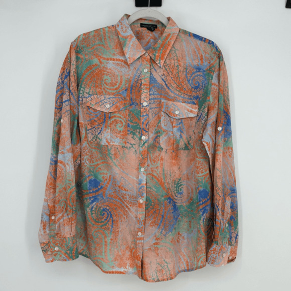 Vintage Ralph Lauren Womens Button Up Shirt 1X Orange Abstract Artsy Western - Picture 7 of 8